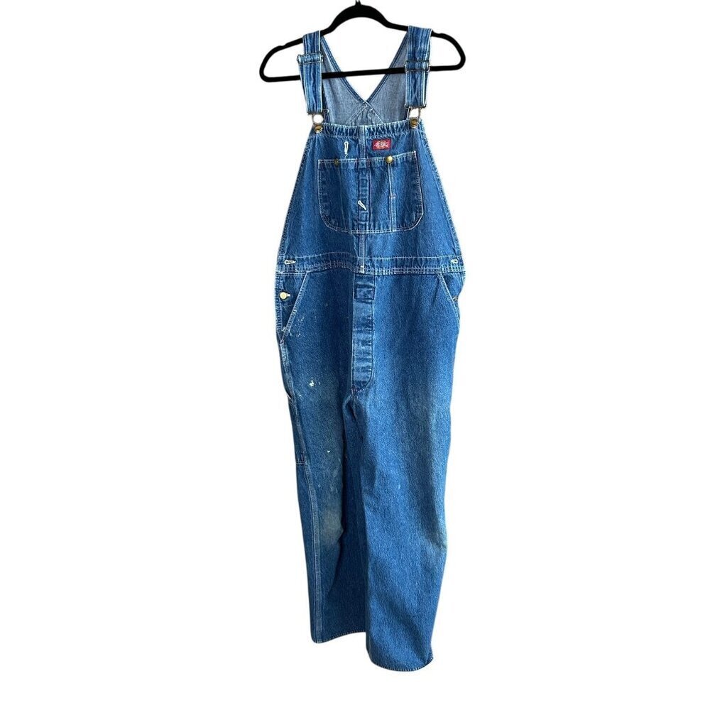 Dickies Men's Denim Jean Paint Bib Overalls Distressed 42 X30